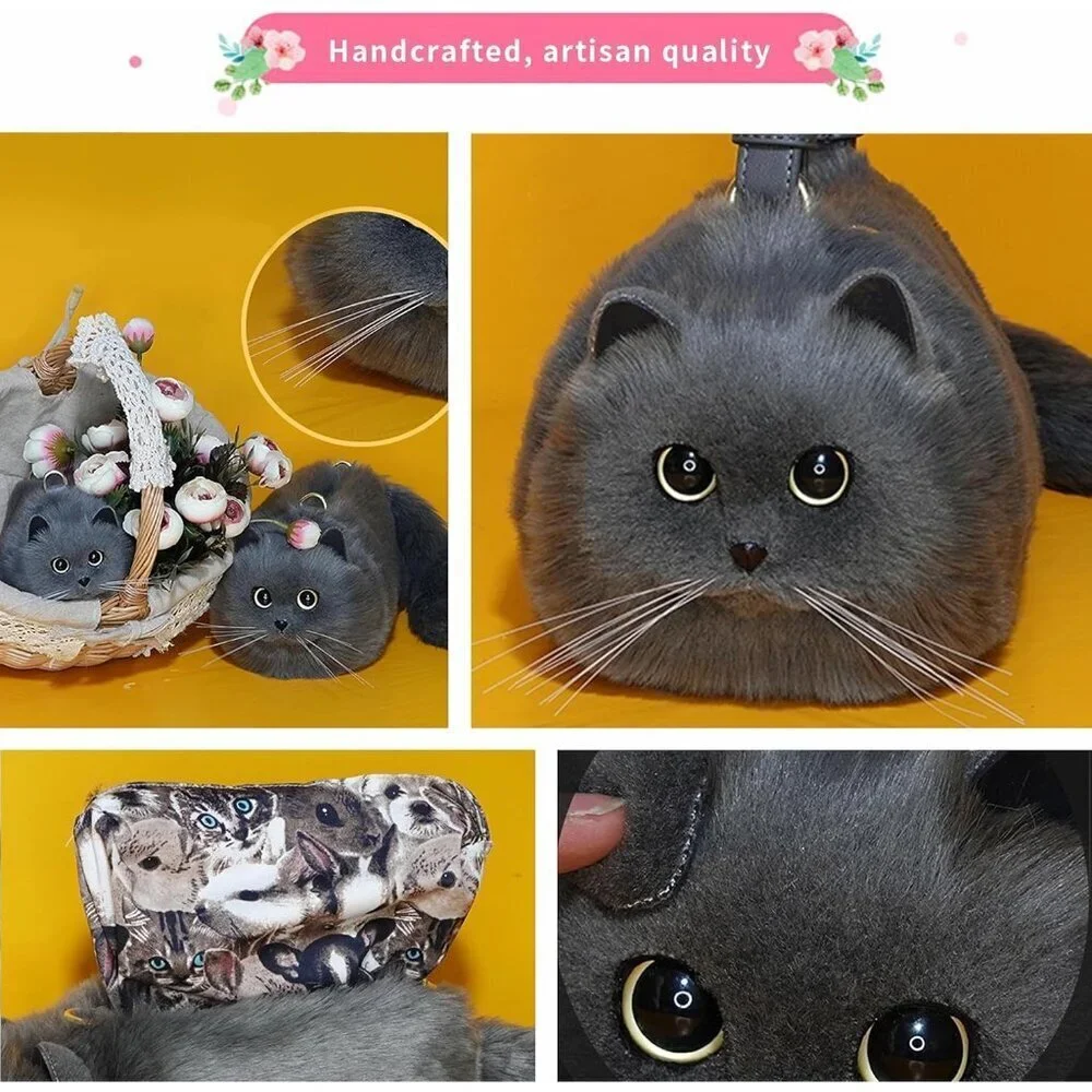 Realistic Puffy Plush Cat Crossbody Bag Women Cute Soft Faux Fur Zipper
